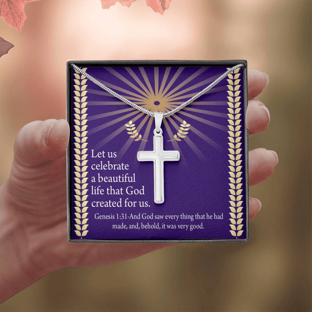 Christian Encouragement Beautiful Life Genesis 1:31 Cross Card Necklace w Stainless Steel Pendant-Express Your Love Gifts