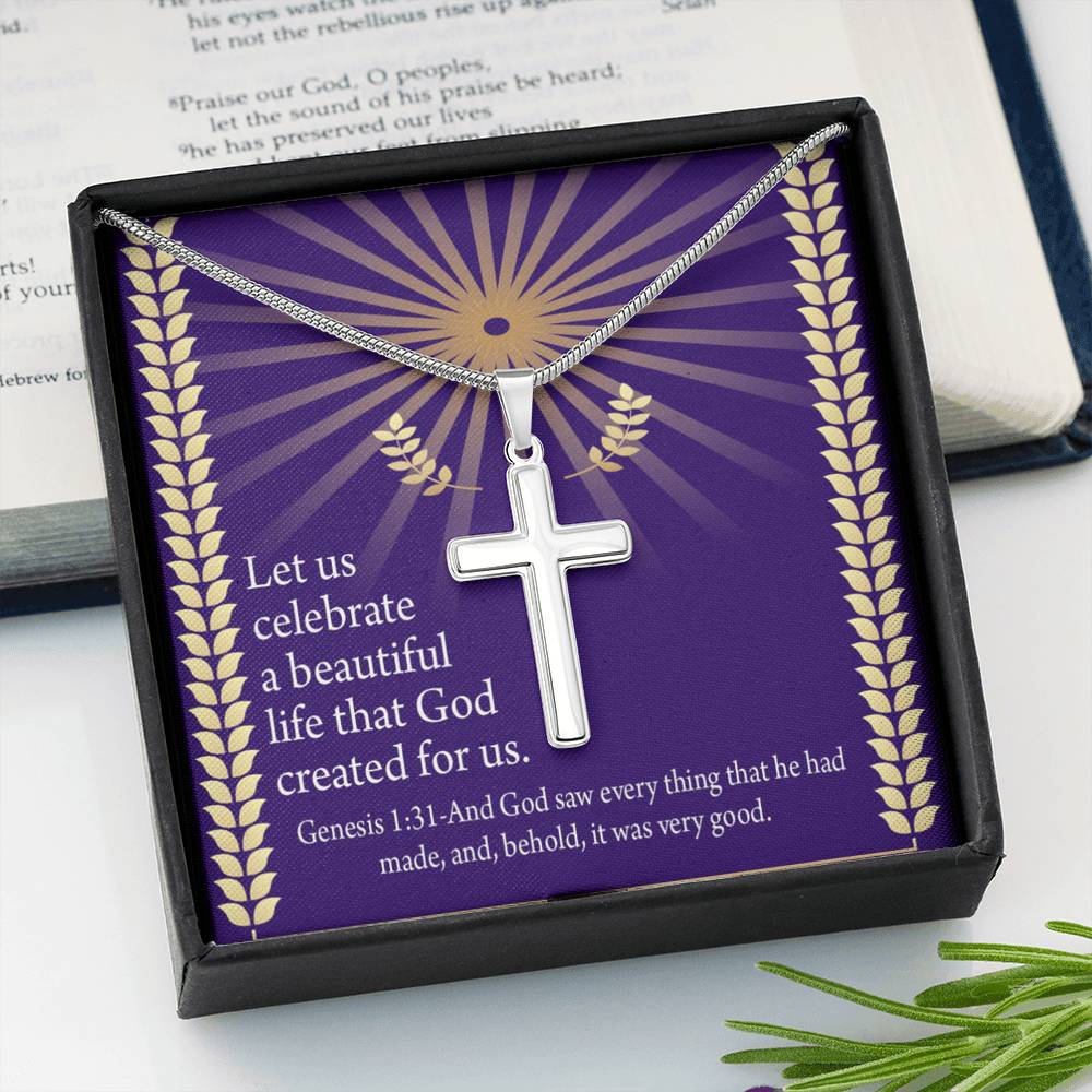 Christian Encouragement Beautiful Life Genesis 1:31 Cross Card Necklace w Stainless Steel Pendant-Express Your Love Gifts