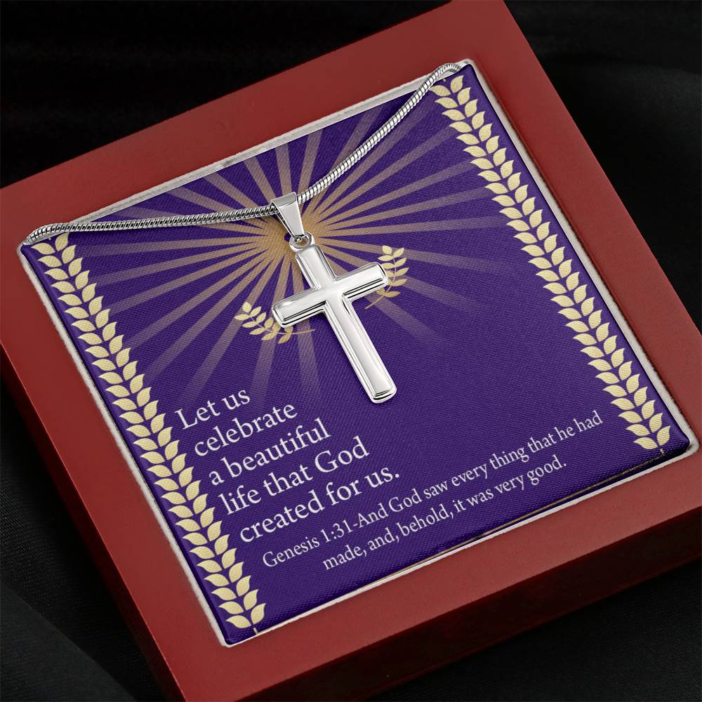 Christian Encouragement Beautiful Life Genesis 1:31 Cross Card Necklace w Stainless Steel Pendant-Express Your Love Gifts
