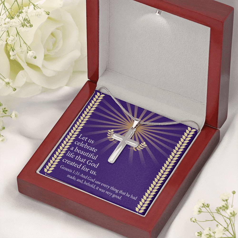 Christian Encouragement Beautiful Life Genesis 1:31 Cross Card Necklace w Stainless Steel Pendant-Express Your Love Gifts