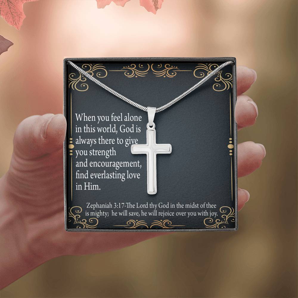 Christian Encouragement Care & Concern Zephaniah 3:17 Cross Card Necklace w Stainless Steel Pendant-Express Your Love Gifts