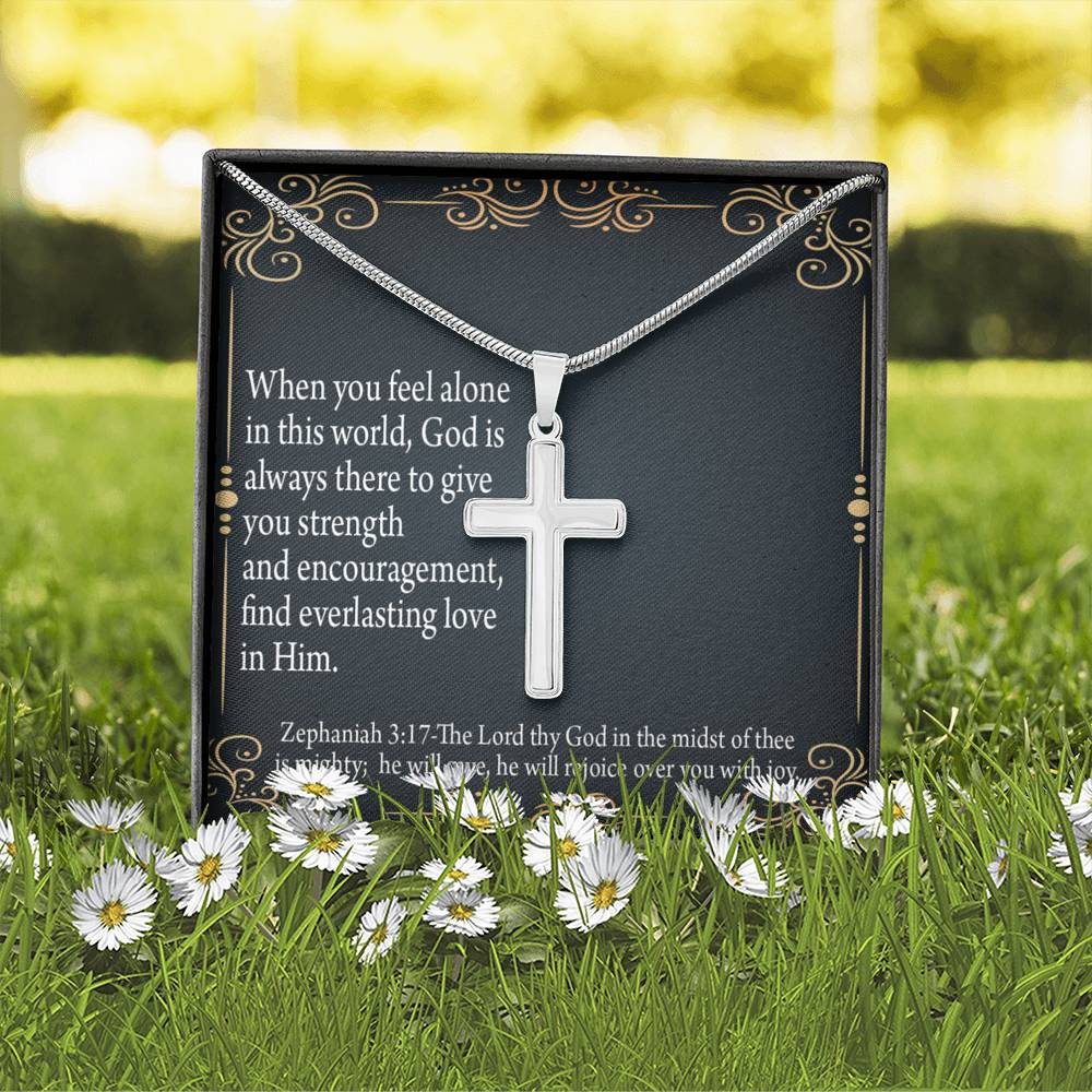 Christian Encouragement Care & Concern Zephaniah 3:17 Cross Card Necklace w Stainless Steel Pendant-Express Your Love Gifts
