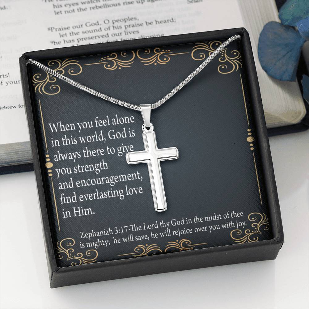 Christian Encouragement Care & Concern Zephaniah 3:17 Cross Card Necklace w Stainless Steel Pendant-Express Your Love Gifts