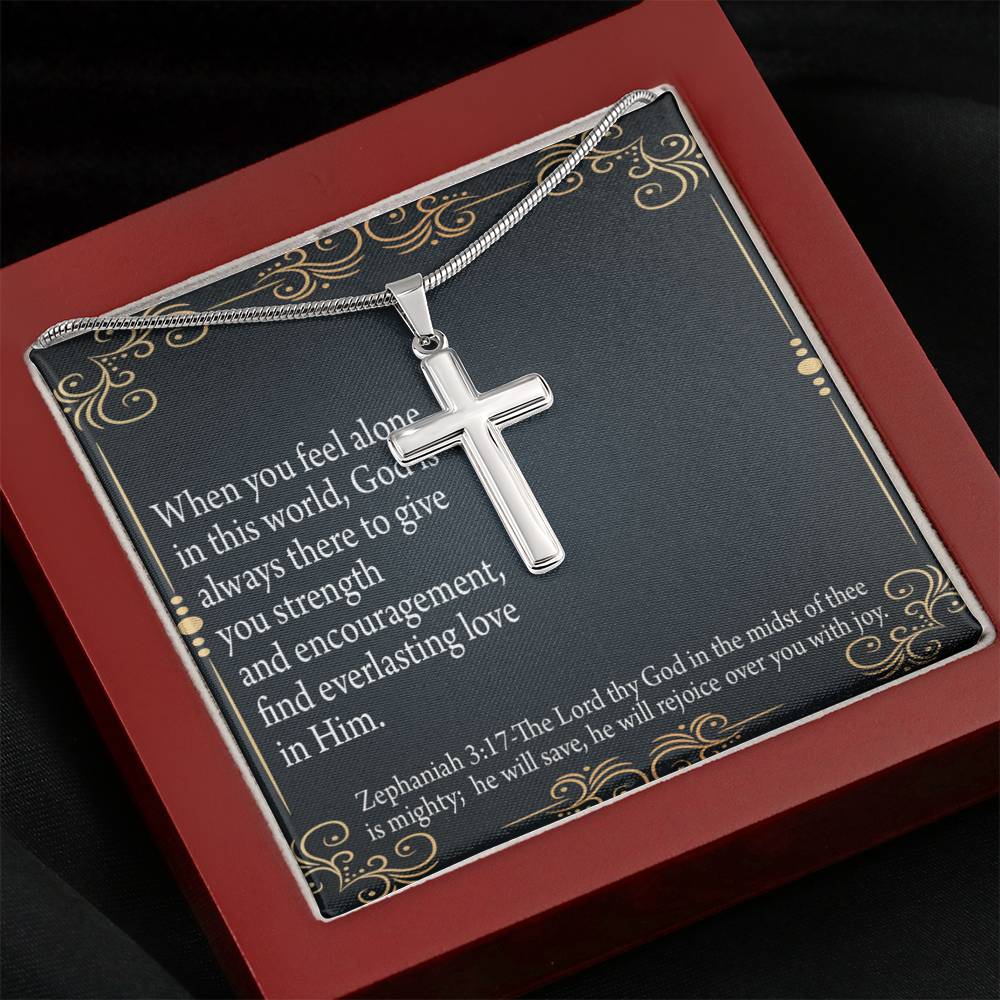 Christian Encouragement Care & Concern Zephaniah 3:17 Cross Card Necklace w Stainless Steel Pendant-Express Your Love Gifts