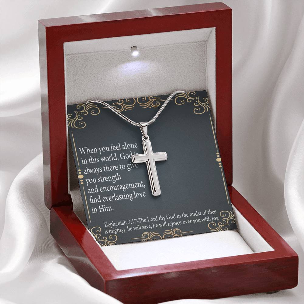 Christian Encouragement Care & Concern Zephaniah 3:17 Cross Card Necklace w Stainless Steel Pendant-Express Your Love Gifts