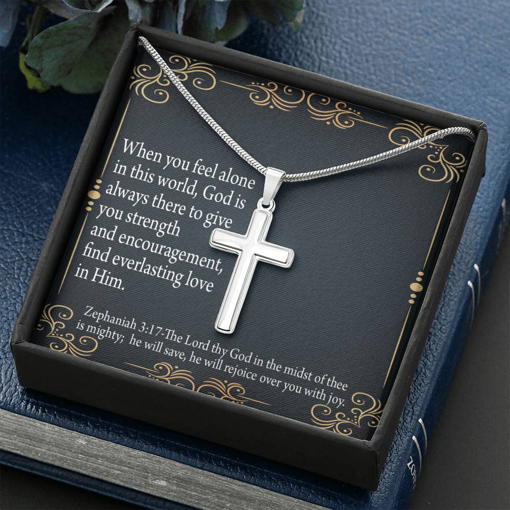 Christian Encouragement Care & Concern Zephaniah 3:17 Cross Card Necklace w Stainless Steel Pendant-Express Your Love Gifts