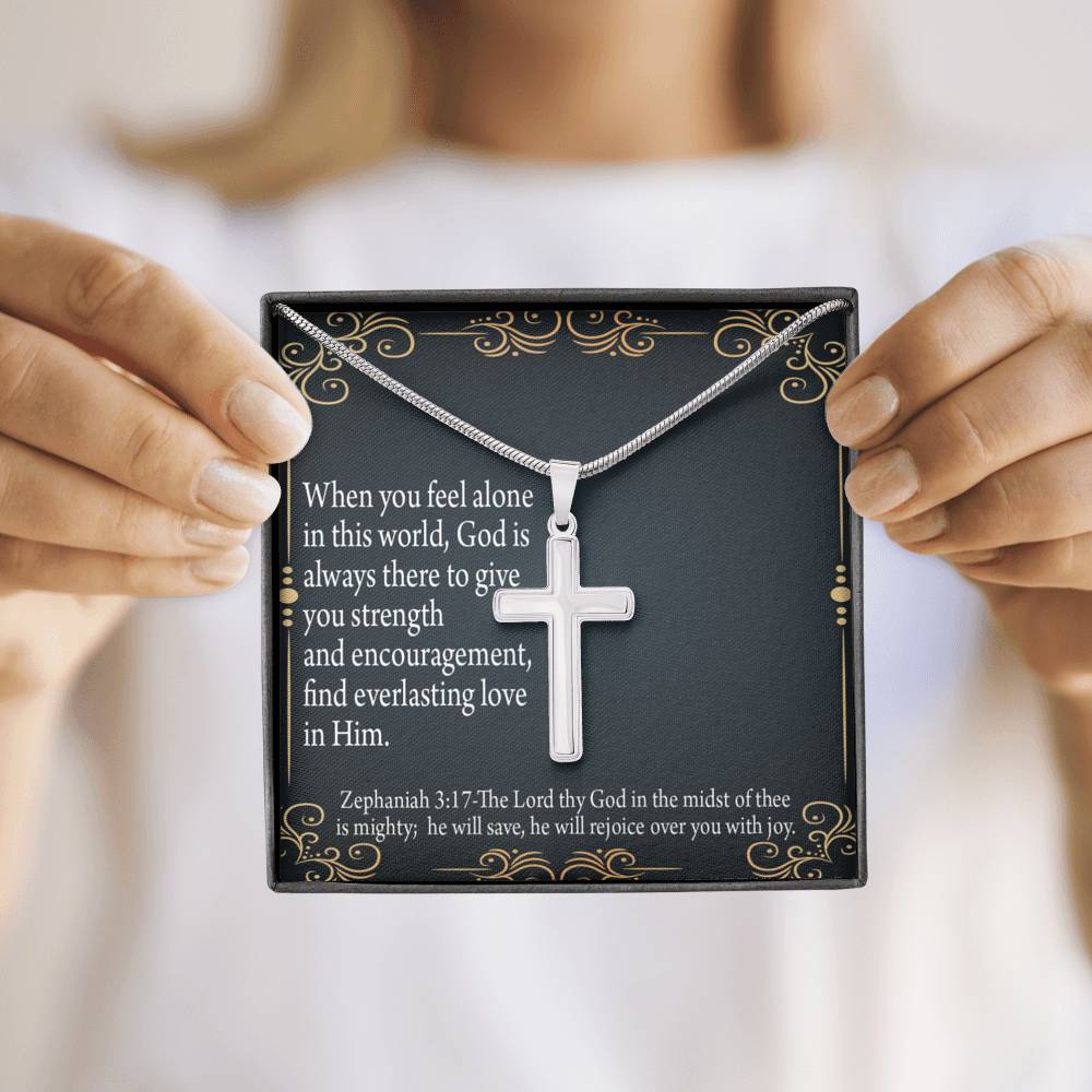 Christian Encouragement Care & Concern Zephaniah 3:17 Cross Card Necklace w Stainless Steel Pendant-Express Your Love Gifts