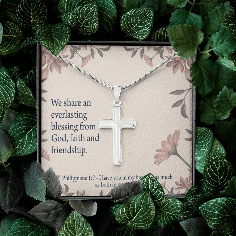 Christian Encouragement Friendship Philippians 1:7 Cross Card Necklace w Stainless Steel Pendant-Express Your Love Gifts
