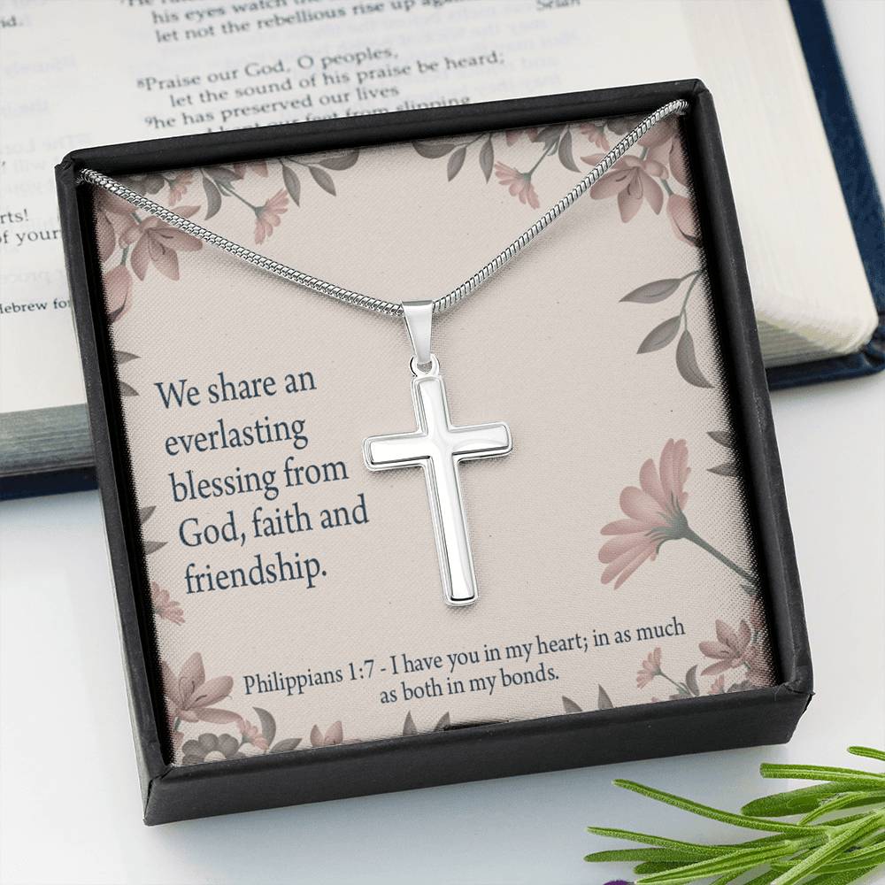 Christian Encouragement Friendship Philippians 1:7 Cross Card Necklace w Stainless Steel Pendant-Express Your Love Gifts