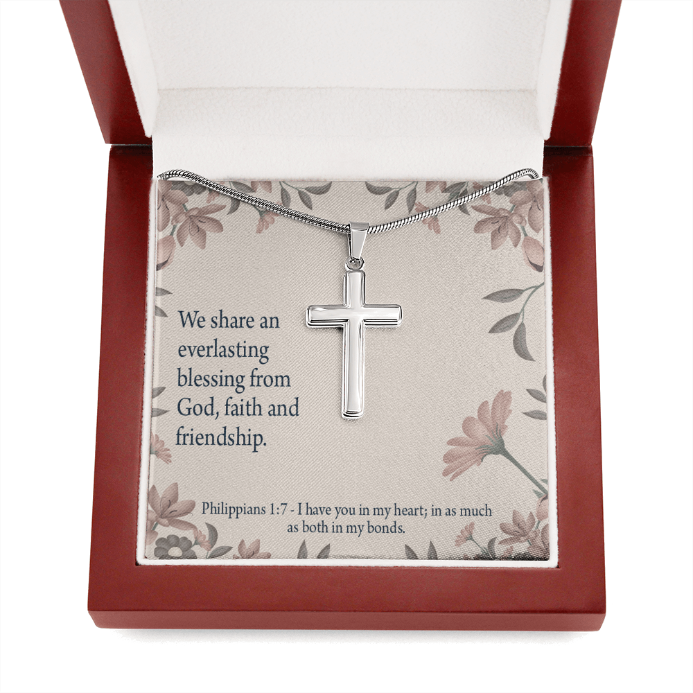 Christian Encouragement Friendship Philippians 1:7 Cross Card Necklace w Stainless Steel Pendant-Express Your Love Gifts