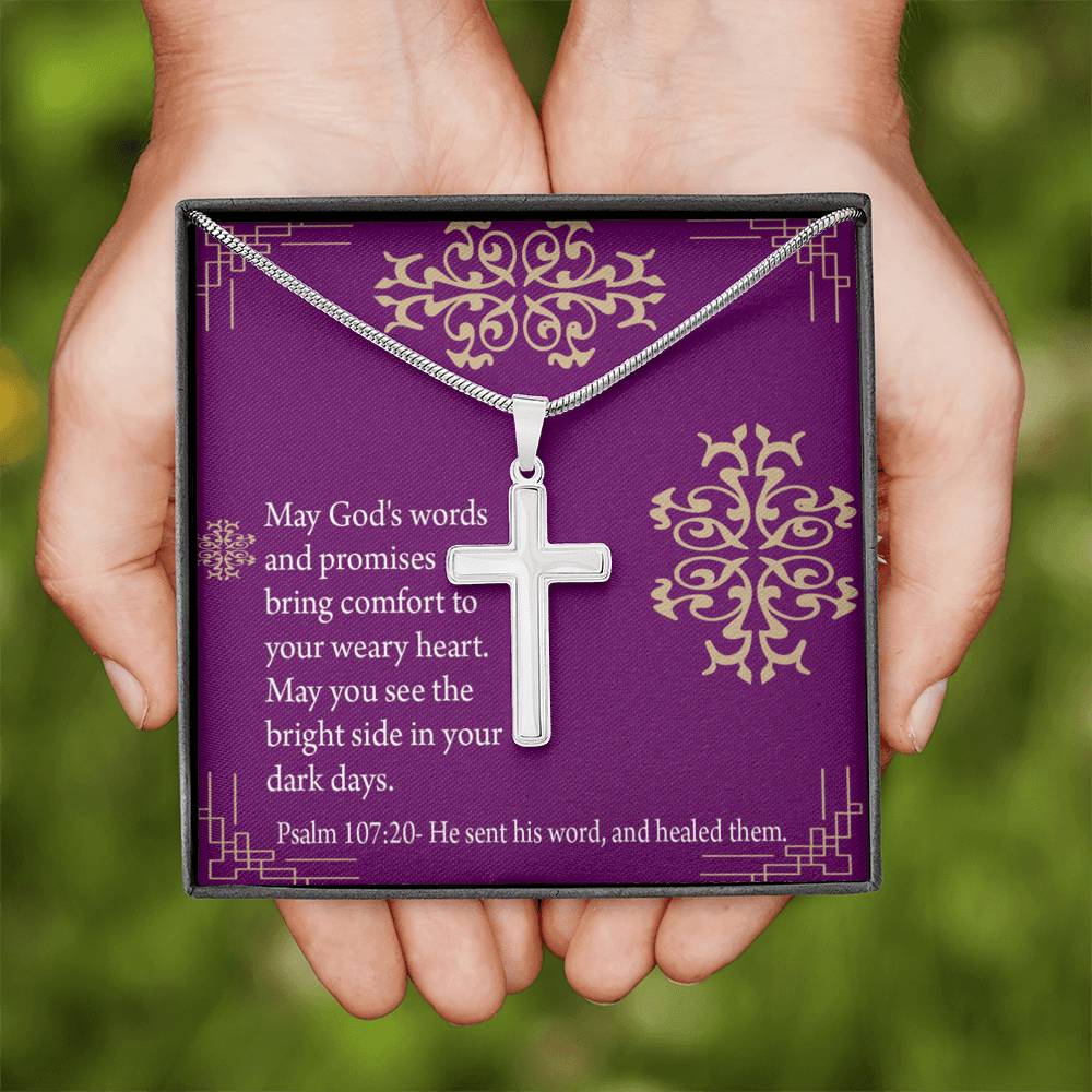 Christian Encouragement Get Well God's Words & Promises Psalm 107:20 Cross Card Necklace w Stainless Steel Pendant-Express Your Love Gifts