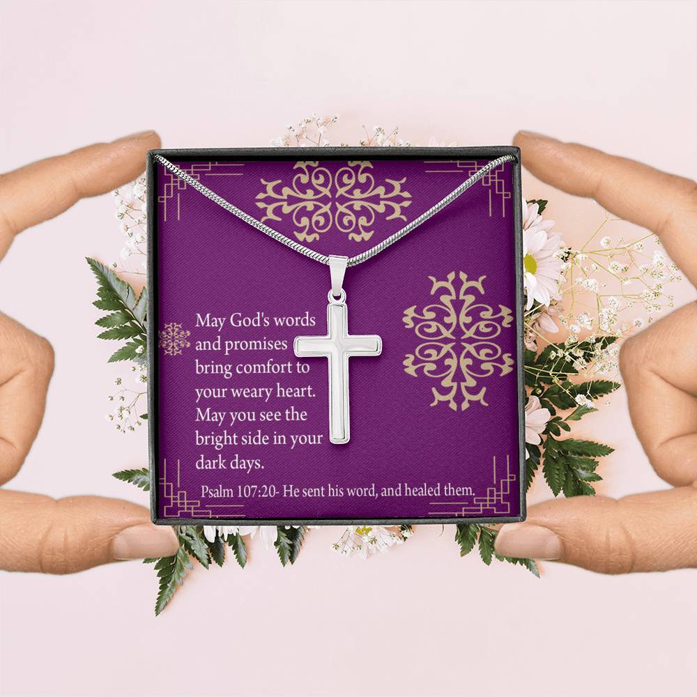 Christian Encouragement Get Well God's Words & Promises Psalm 107:20 Cross Card Necklace w Stainless Steel Pendant-Express Your Love Gifts