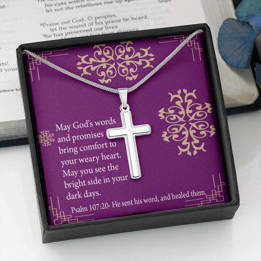 Christian Encouragement Get Well God's Words & Promises Psalm 107:20 Cross Card Necklace w Stainless Steel Pendant-Express Your Love Gifts