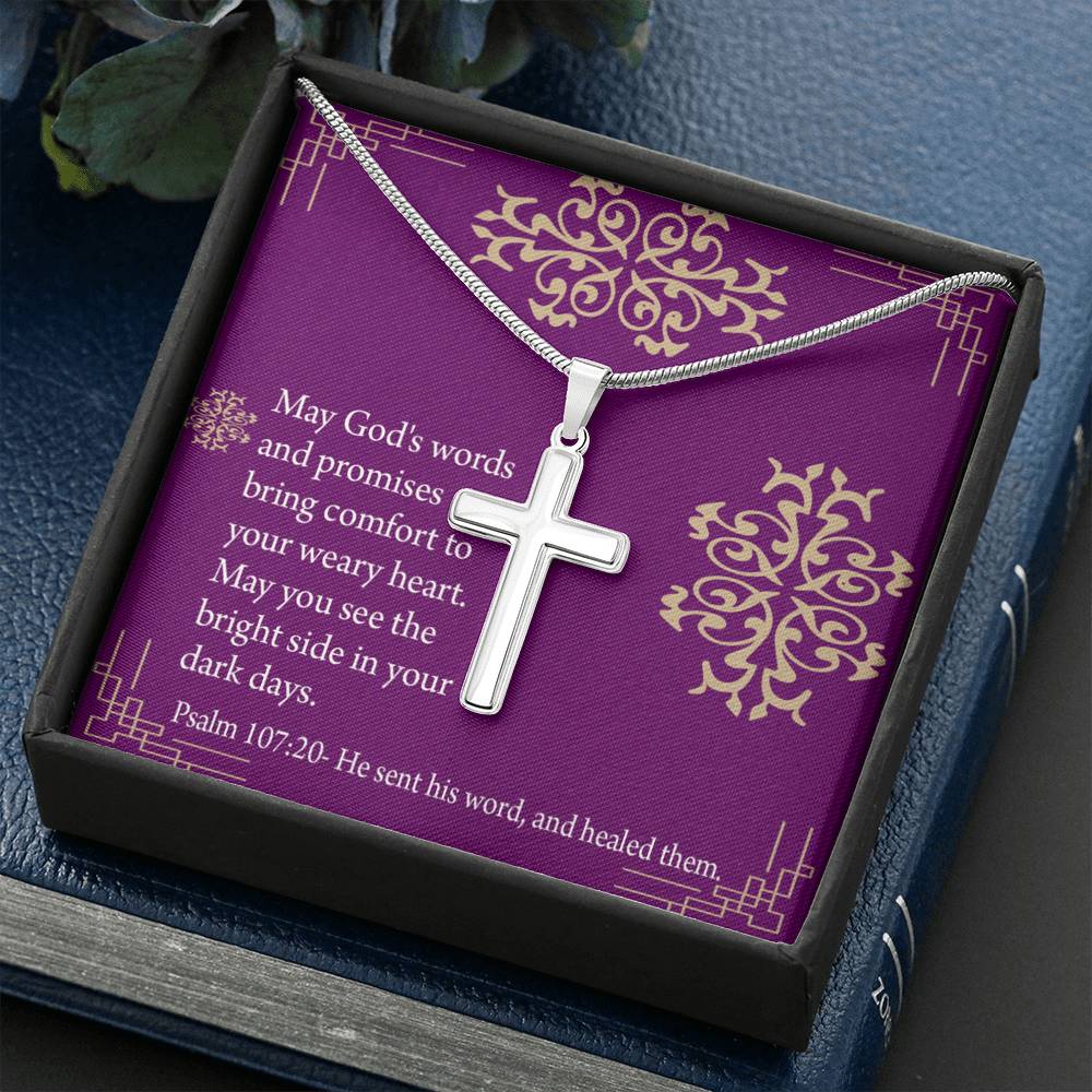 Christian Encouragement Get Well God's Words & Promises Psalm 107:20 Cross Card Necklace w Stainless Steel Pendant-Express Your Love Gifts