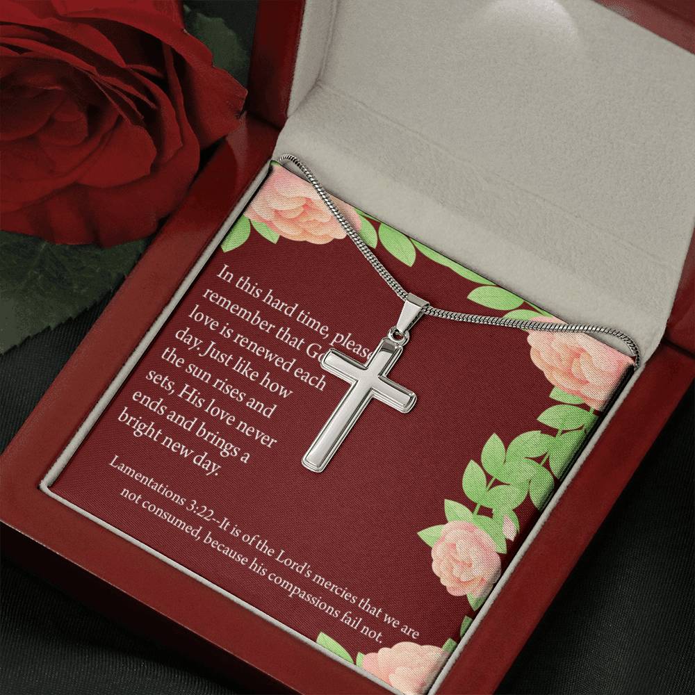 Christian Encouragement Get Well Surrounded In Prayer Lamentations 3:22 Cross Card Necklace w Stainless Steel Pendant-Express Your Love Gifts