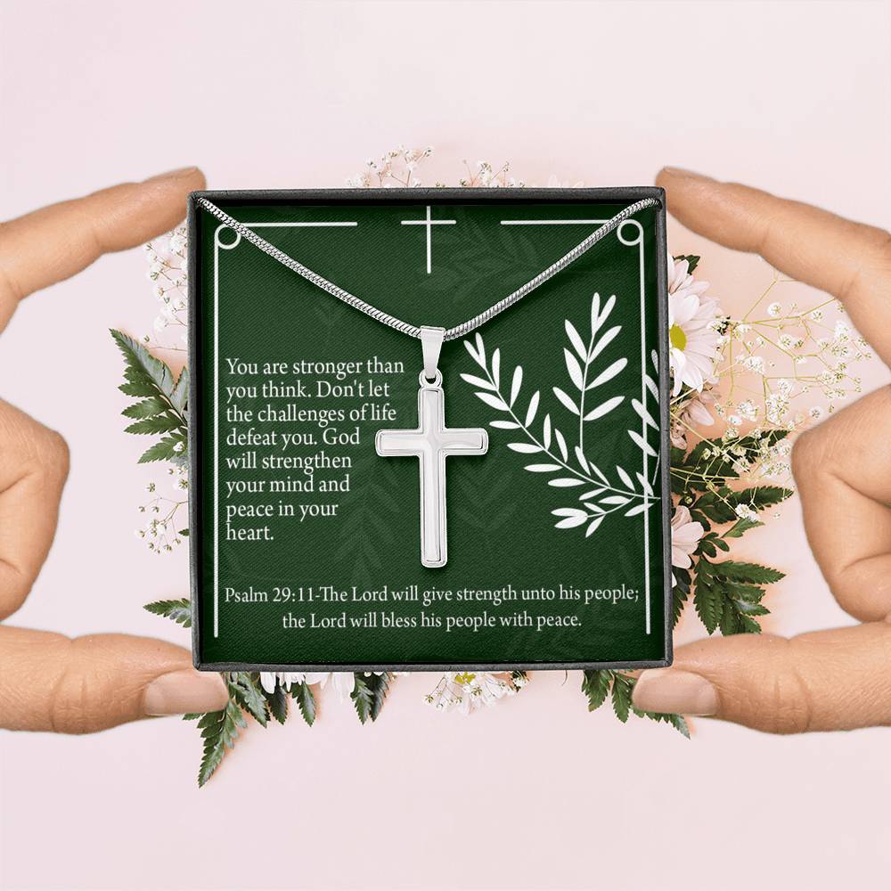 Christian Encouragement God Will Strengthen You Psalm 29:11 Cross Necklace Stainless Steel Pendant Message Card-Express Your Love Gifts