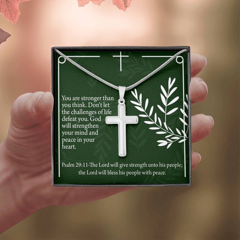 Christian Encouragement God Will Strengthen You Psalm 29:11 Cross Necklace Stainless Steel Pendant Message Card-Express Your Love Gifts