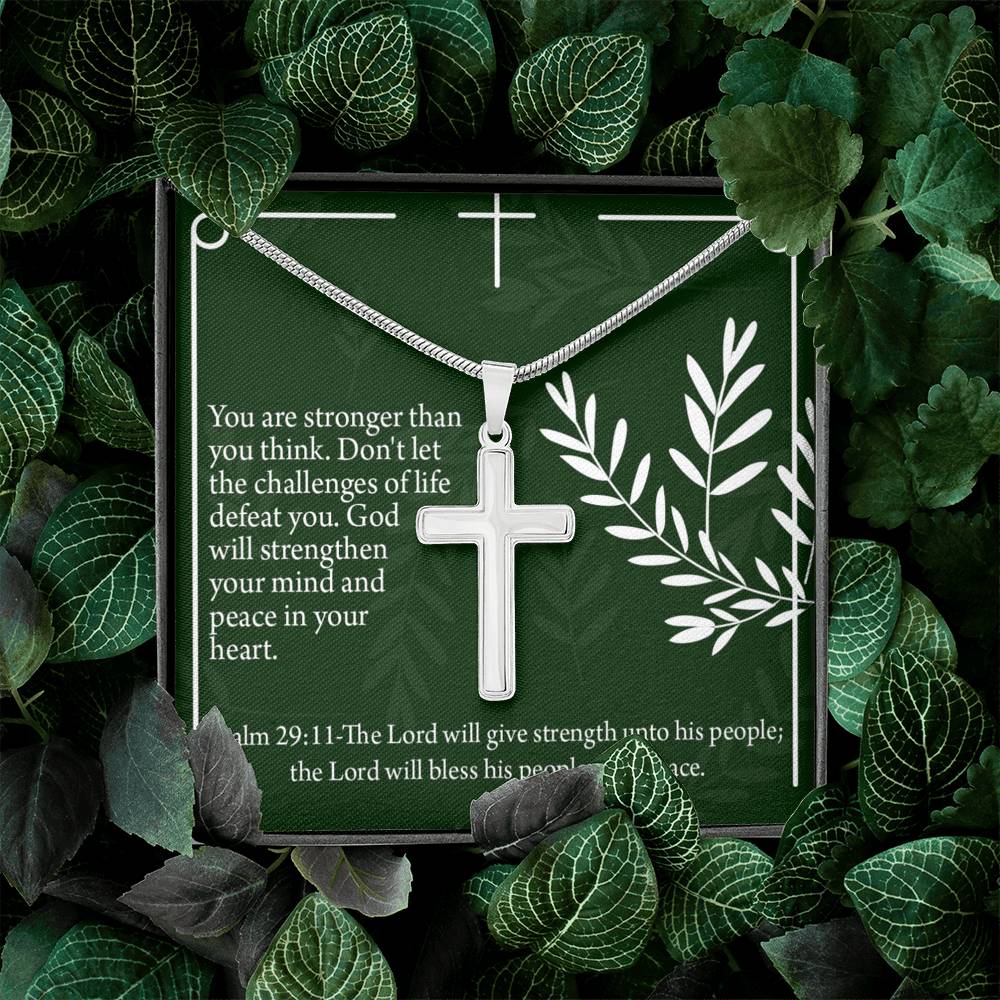 Christian Encouragement God Will Strengthen You Psalm 29:11 Cross Necklace Stainless Steel Pendant Message Card-Express Your Love Gifts