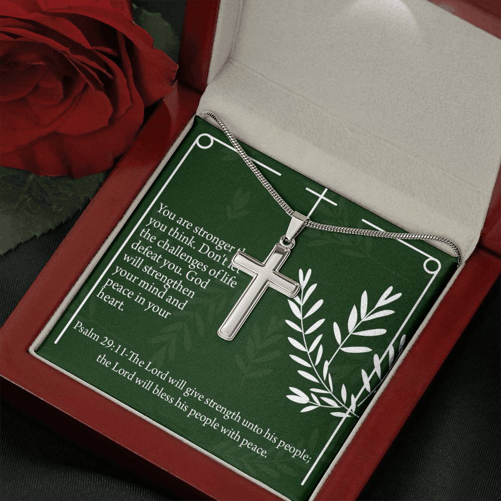 Christian Encouragement God Will Strengthen You Psalm 29:11 Cross Necklace Stainless Steel Pendant Message Card-Express Your Love Gifts