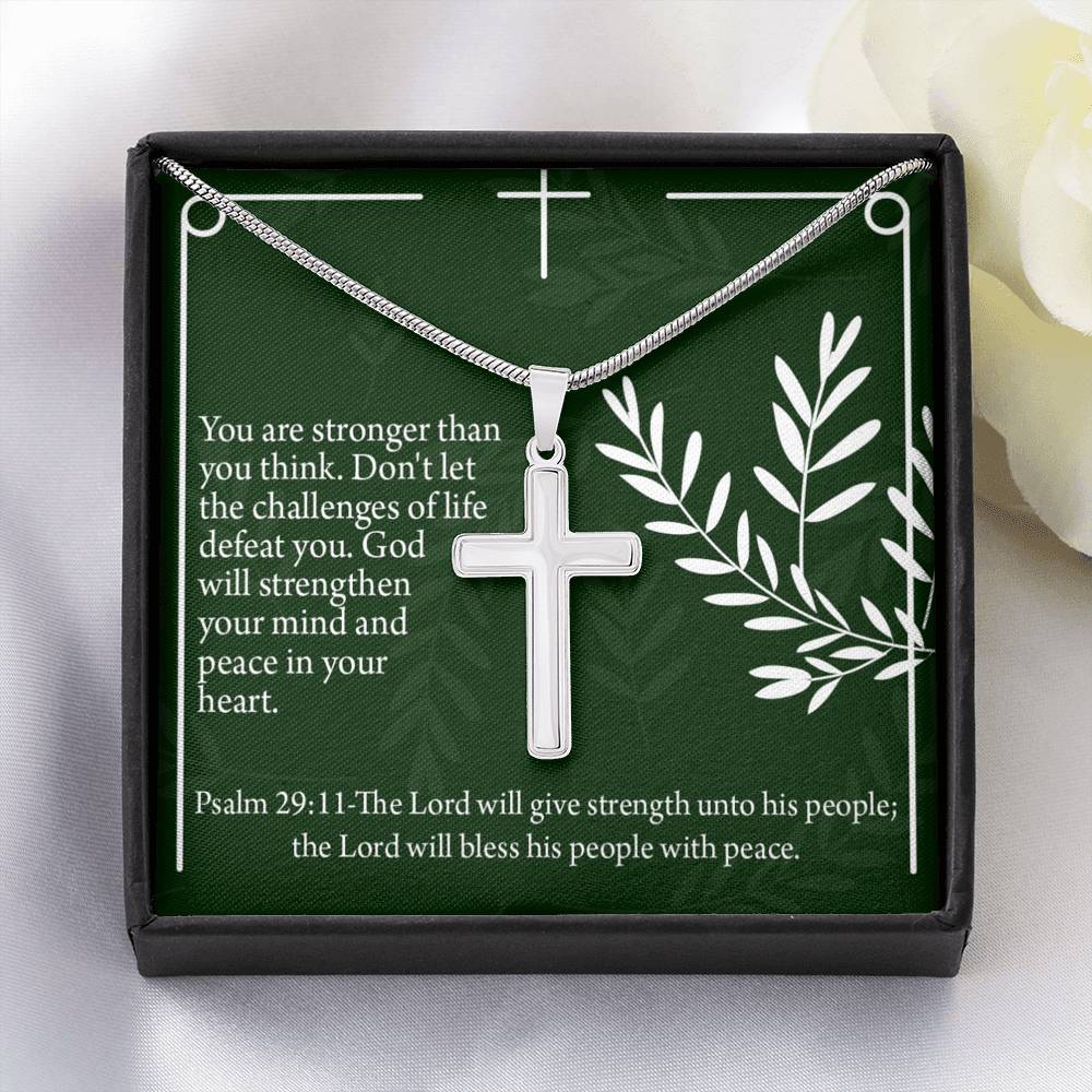 Christian Encouragement God Will Strengthen You Psalm 29:11 Cross Necklace Stainless Steel Pendant Message Card-Express Your Love Gifts