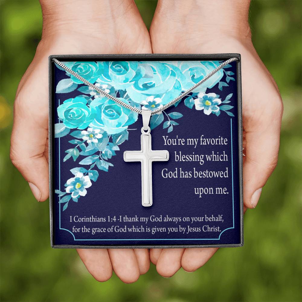 Christian Encouragement Thinking Of You 1 Corinthians 1:4 Cross Card Necklace w Stainless Steel Pendant-Express Your Love Gifts