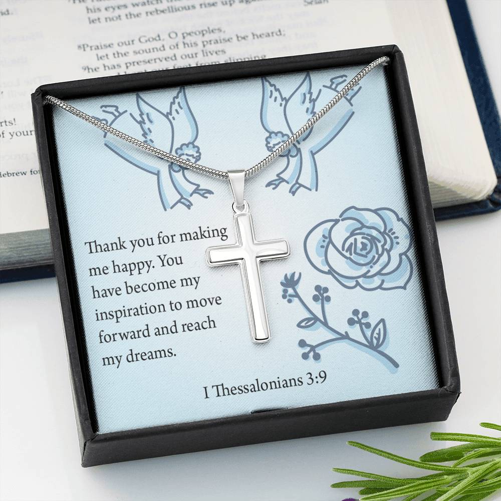 Christian Encouragement You're My Inspiration 1 Thessalonians 3:9 Cross Necklace Stainless Steel Pendant Message Card-Express Your Love Gifts