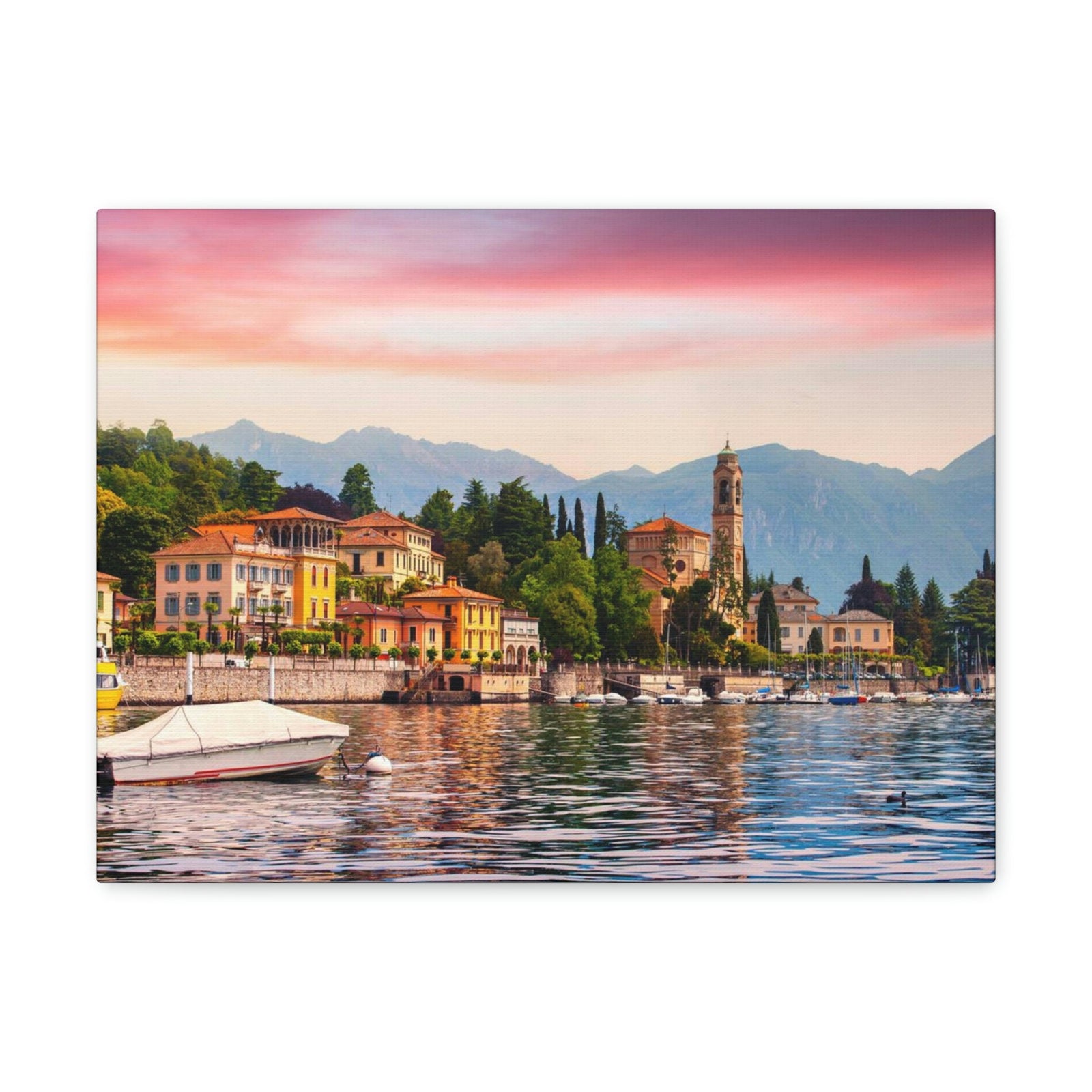Colorful Summer of the Countryside Scene Beautiful Charming and Stunning Alps Beauty Nature Scene Unique Houses and Boat Wall Art Ready to Hang Unframed-Express Your Love Gifts