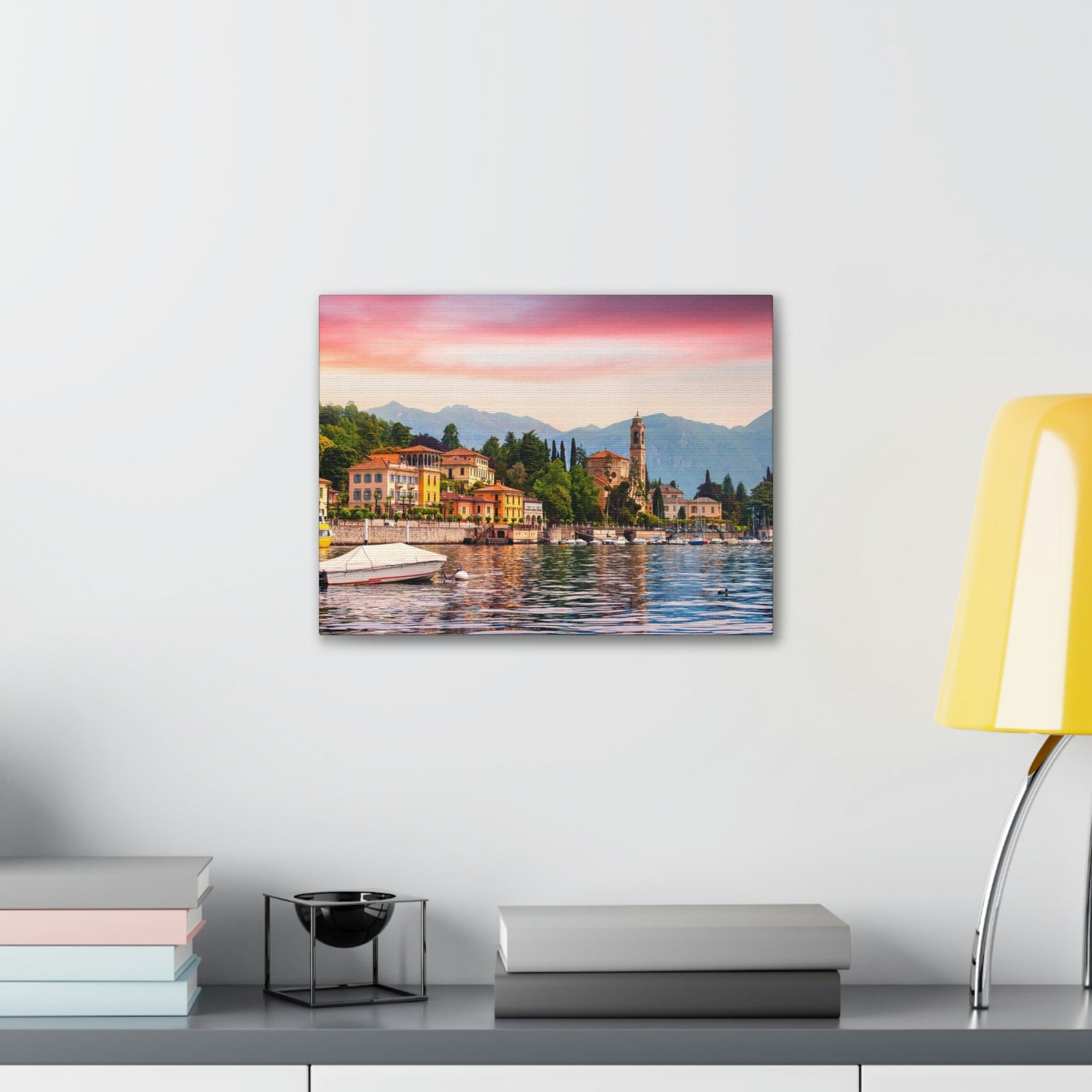 Colorful Summer of the Countryside Scene Beautiful Charming and Stunning Alps Beauty Nature Scene Unique Houses and Boat Wall Art Ready to Hang Unframed-Express Your Love Gifts