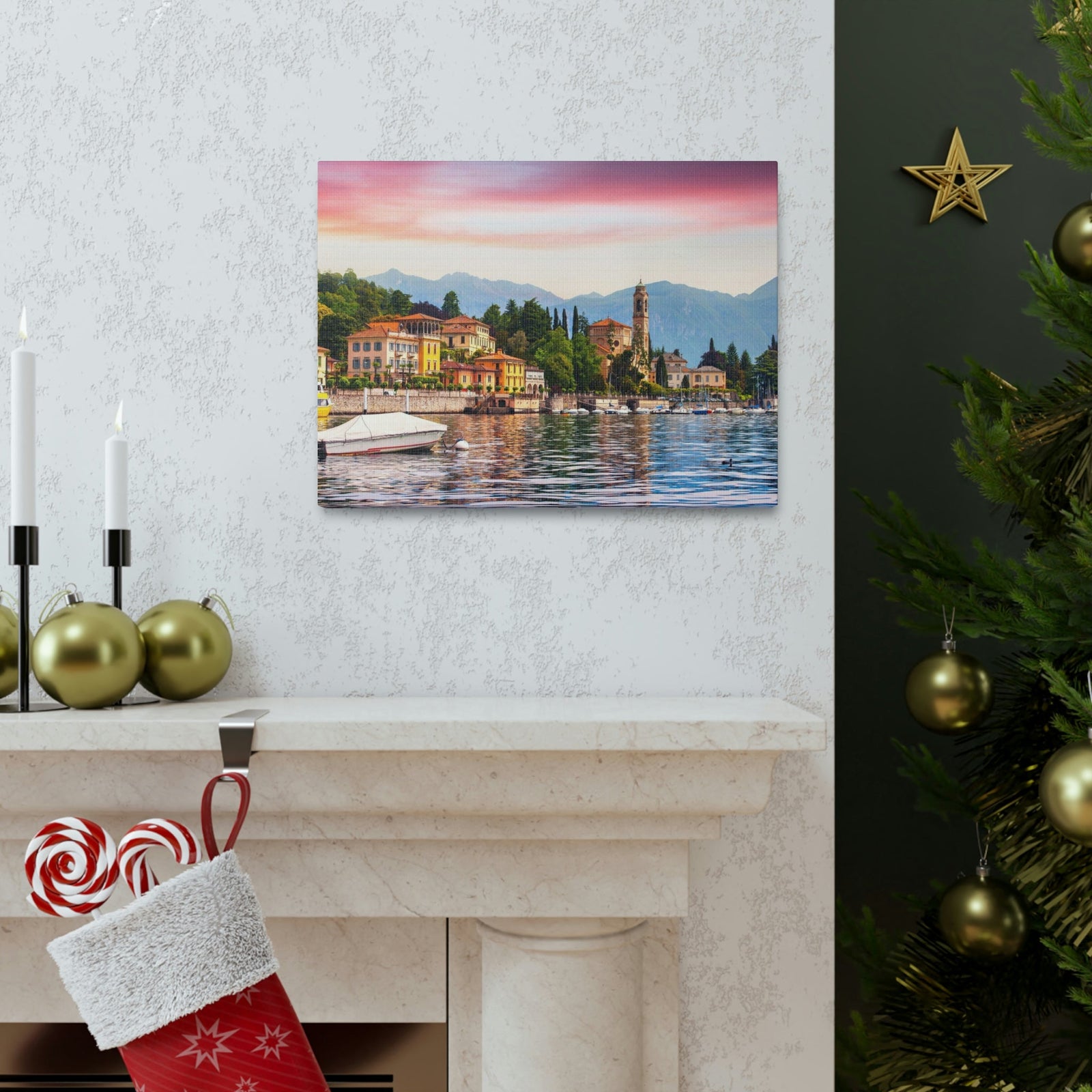 Colorful Summer of the Countryside Scene Beautiful Charming and Stunning Alps Beauty Nature Scene Unique Houses and Boat Wall Art Ready to Hang Unframed-Express Your Love Gifts