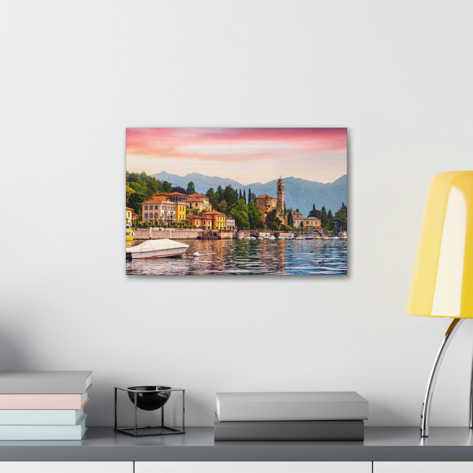 Colorful Summer of the Countryside Scene Beautiful Charming and Stunning Alps Beauty Nature Scene Unique Houses and Boat Wall Art Ready to Hang Unframed-Express Your Love Gifts