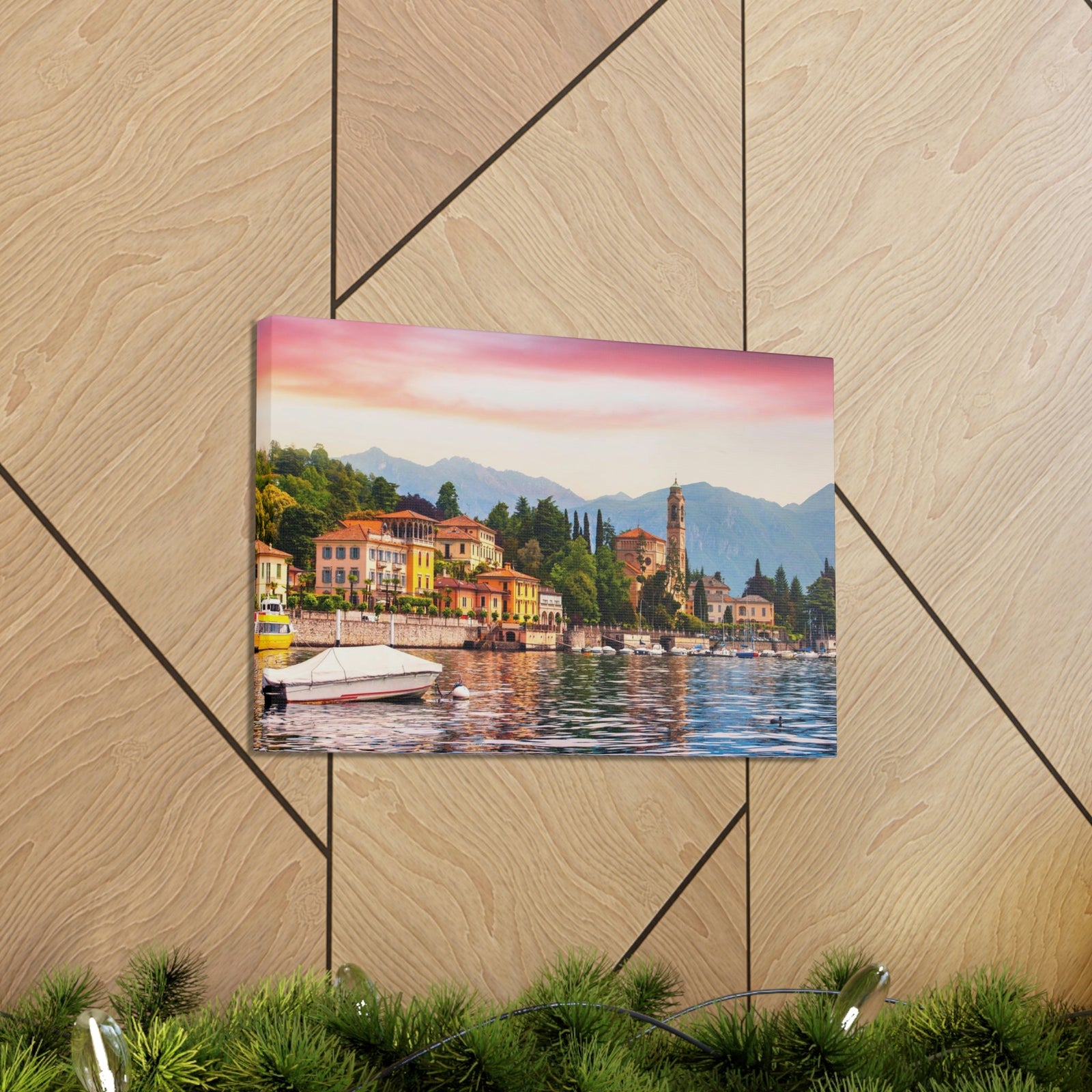 Colorful Summer of the Countryside Scene Beautiful Charming and Stunning Alps Beauty Nature Scene Unique Houses and Boat Wall Art Ready to Hang Unframed-Express Your Love Gifts