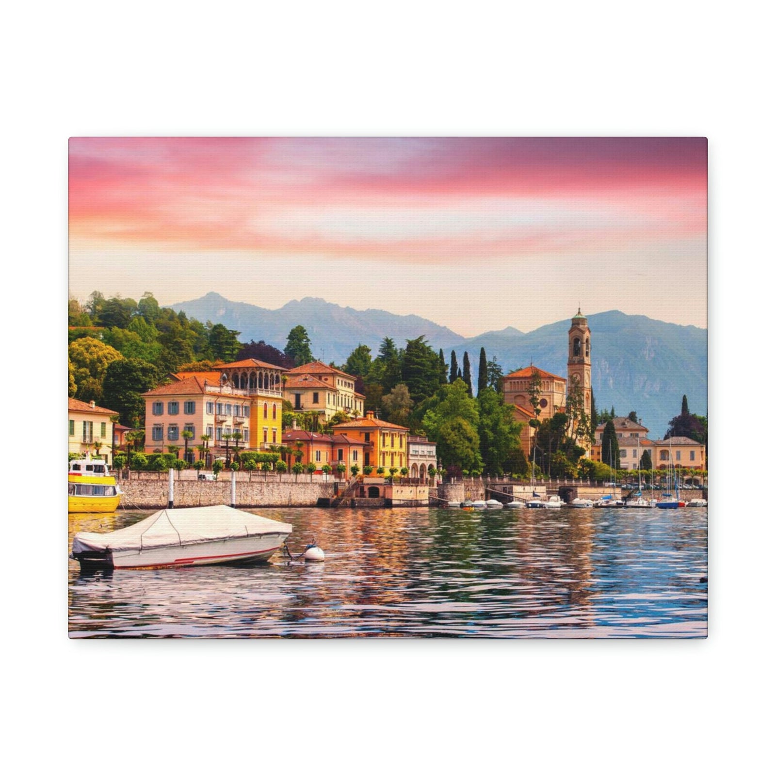 Colorful Summer of the Countryside Scene Beautiful Charming and Stunning Alps Beauty Nature Scene Unique Houses and Boat Wall Art Ready to Hang Unframed-Express Your Love Gifts