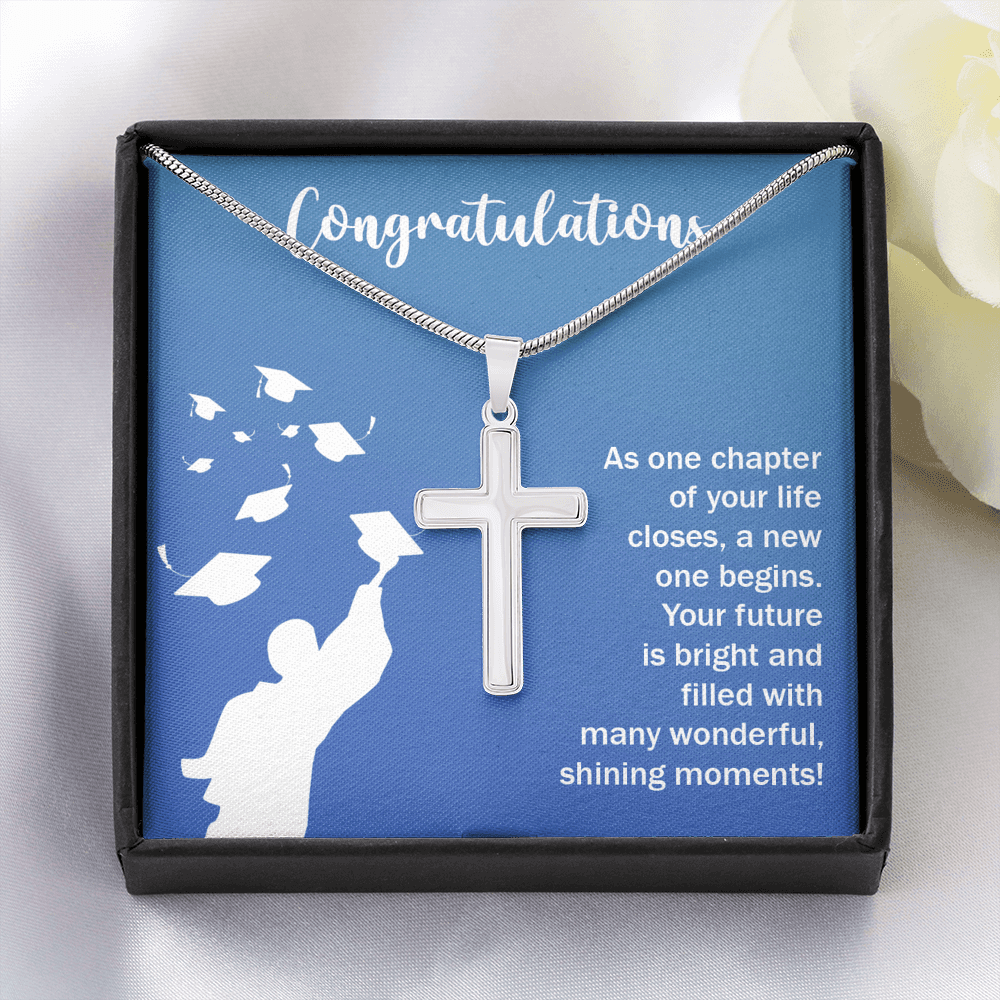 Congratulations Class Graduation Message Cross Card Necklace w Stainless Steel Pendant-Express Your Love Gifts