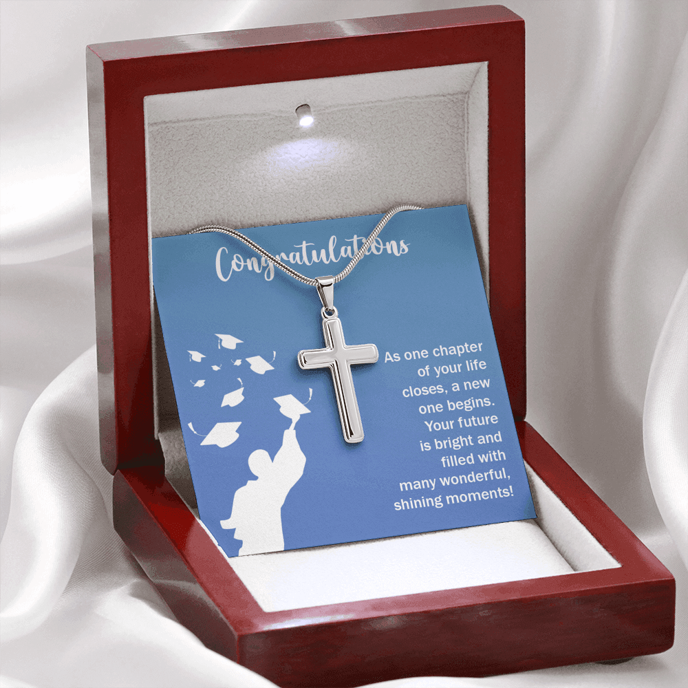 Congratulations Class Graduation Message Cross Card Necklace w Stainless Steel Pendant-Express Your Love Gifts