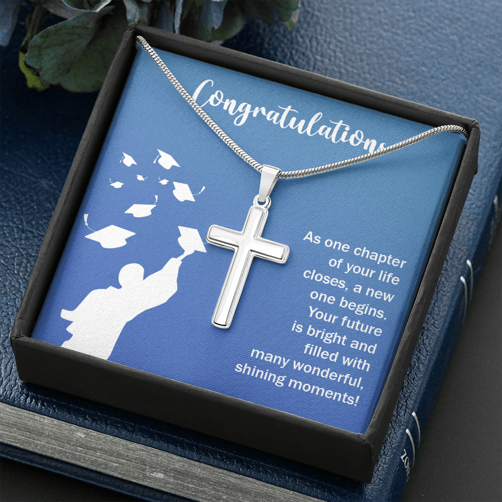 Congratulations Class Graduation Message Cross Card Necklace w Stainless Steel Pendant-Express Your Love Gifts