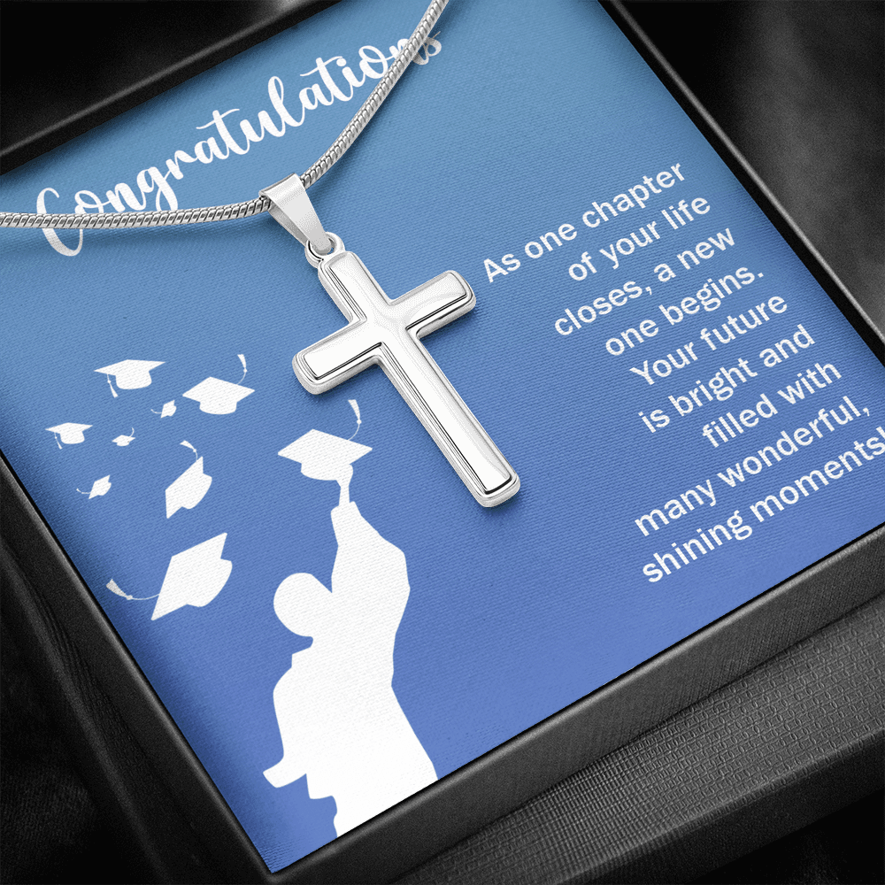 Congratulations Class Graduation Message Cross Card Necklace w Stainless Steel Pendant-Express Your Love Gifts
