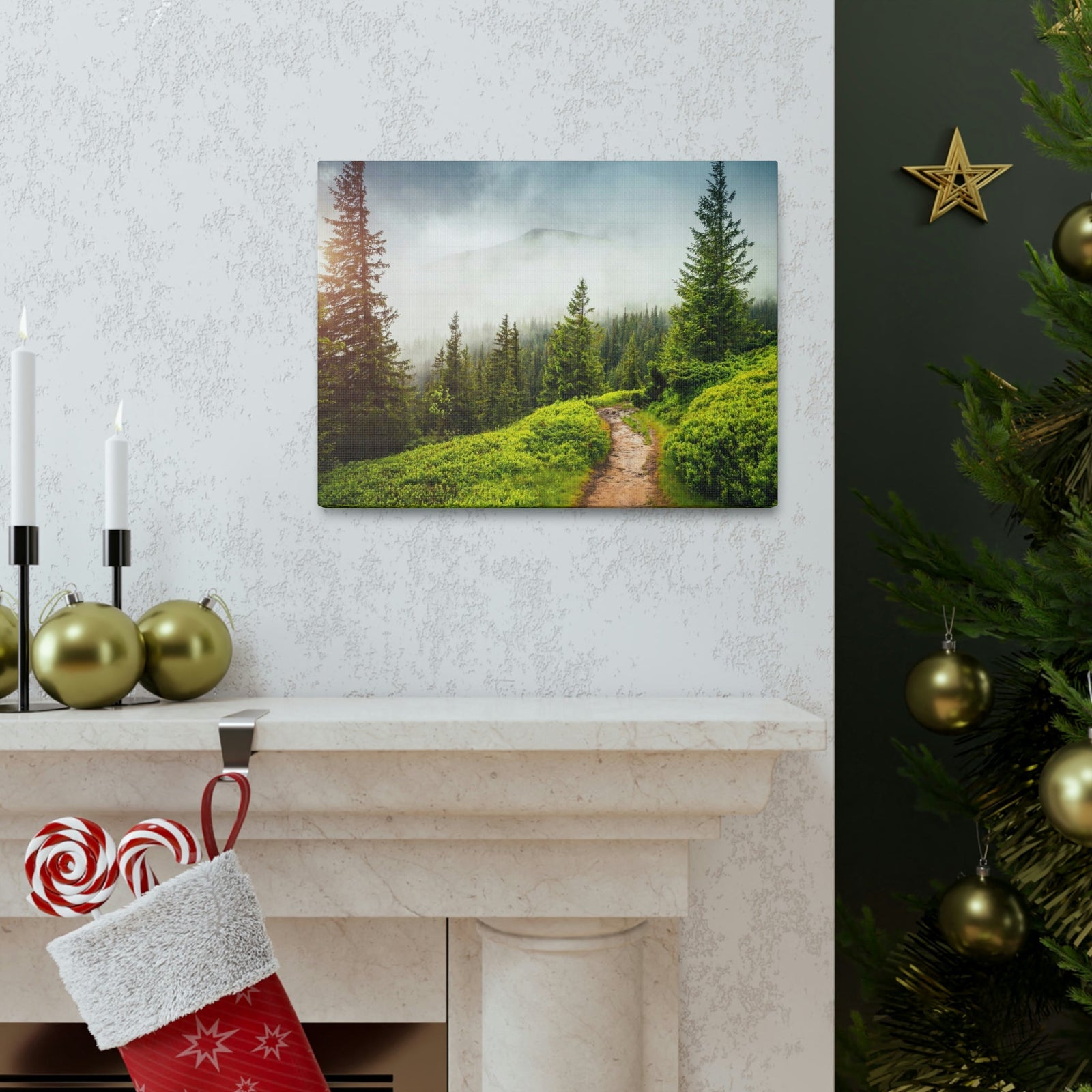 Coniferous Foggy Forest Scene Beautiful Fabulous and Mysterious Path Beauty Nature Scene Big Trees and Fogs Wall Art Ready to Hang Unframed-Express Your Love Gifts