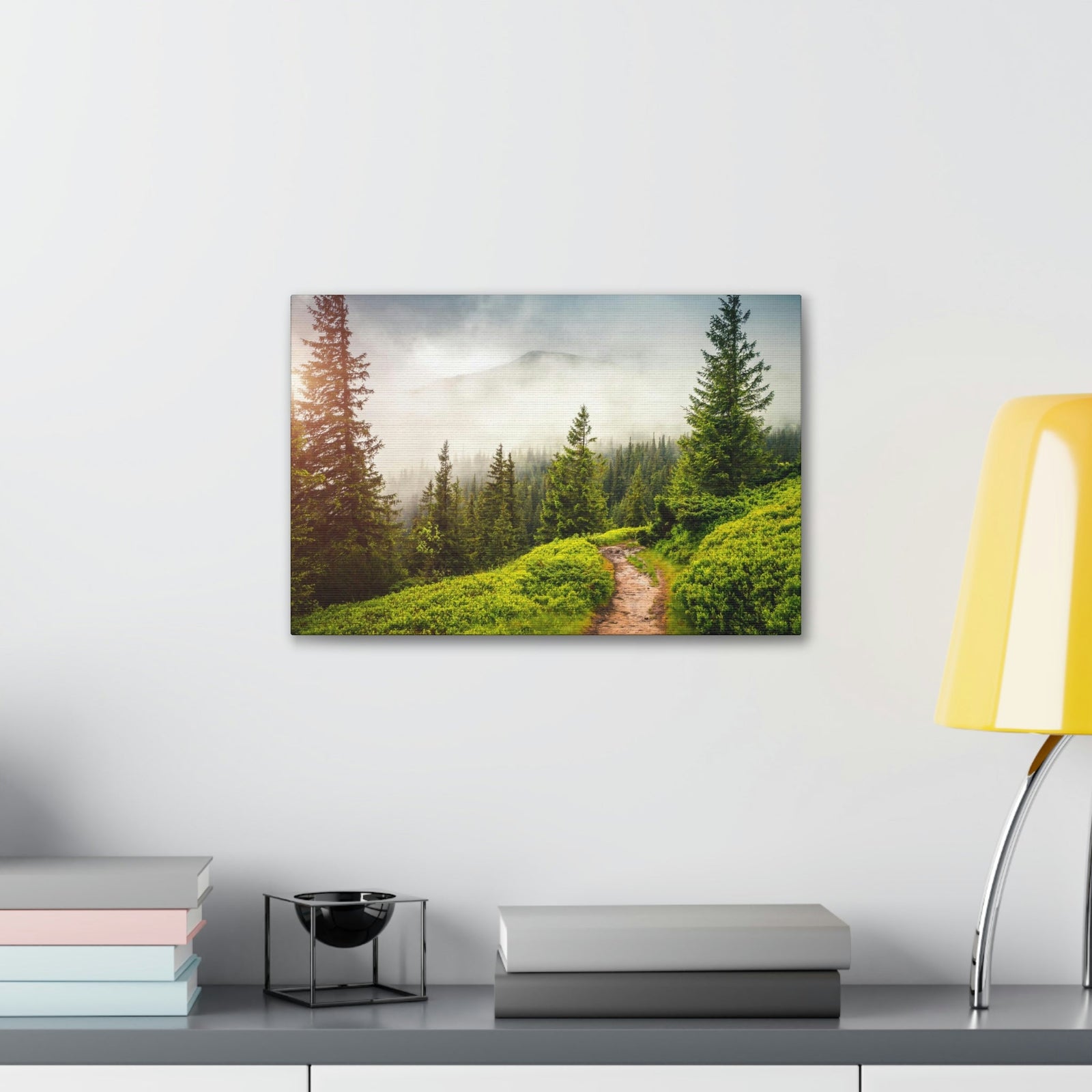 Coniferous Foggy Forest Scene Beautiful Fabulous and Mysterious Path Beauty Nature Scene Big Trees and Fogs Wall Art Ready to Hang Unframed-Express Your Love Gifts