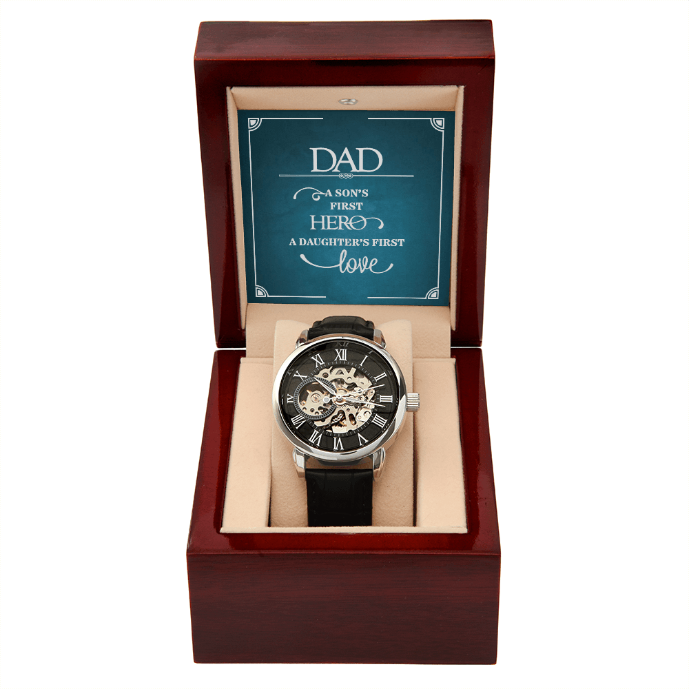 Dad a Son's First Hero Men's Openwork Watch With Message Card in Mahogany Box-Express Your Love Gifts