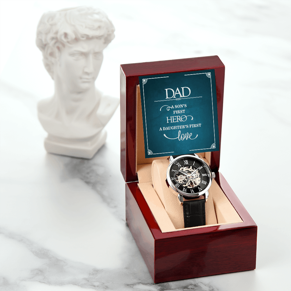 Dad a Son's First Hero Men's Openwork Watch With Message Card in Mahogany Box-Express Your Love Gifts