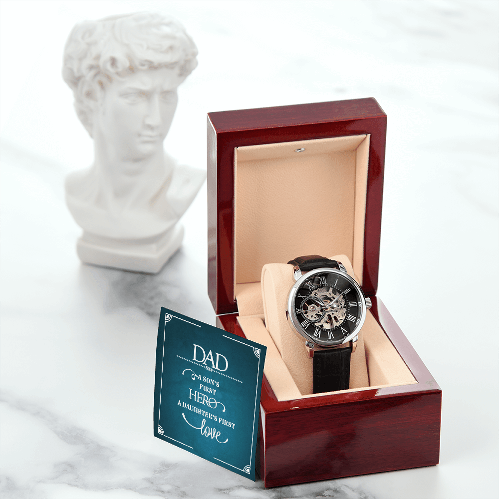 Dad a Son's First Hero Men's Openwork Watch With Message Card in Mahogany Box-Express Your Love Gifts
