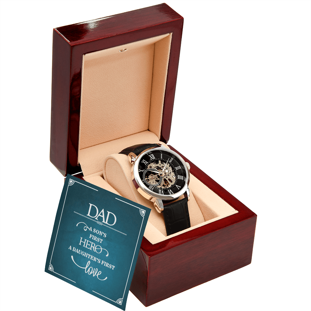 Dad a Son's First Hero Men's Openwork Watch With Message Card in Mahogany Box-Express Your Love Gifts