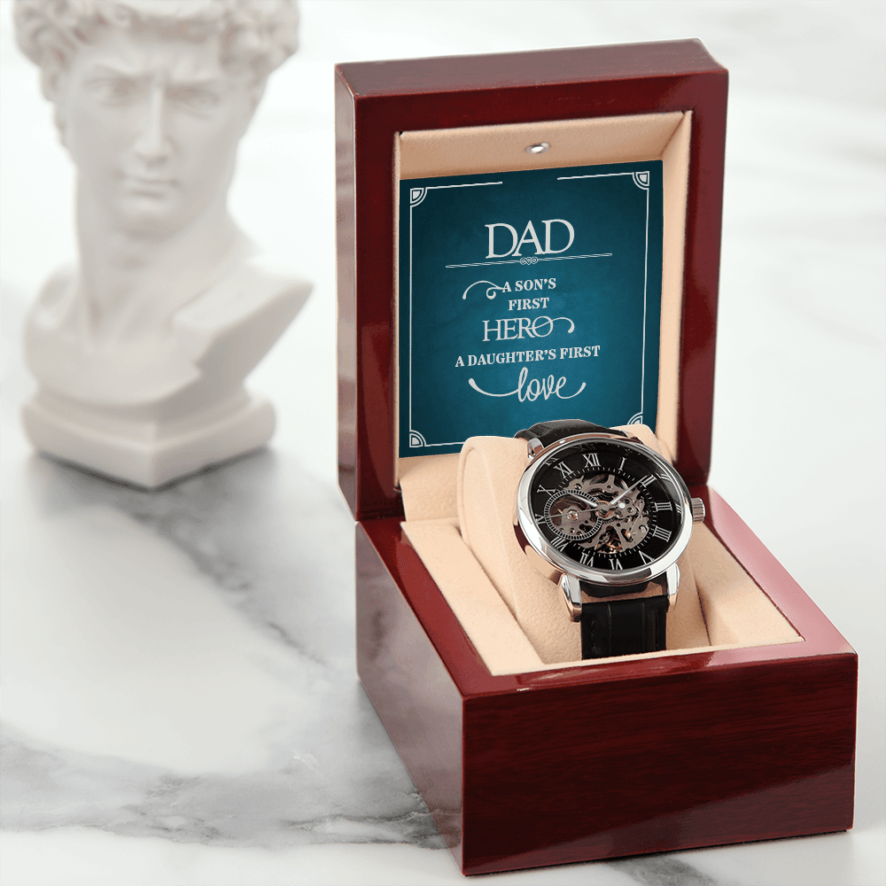 Dad a Son's First Hero Men's Openwork Watch With Message Card in Mahogany Box-Express Your Love Gifts