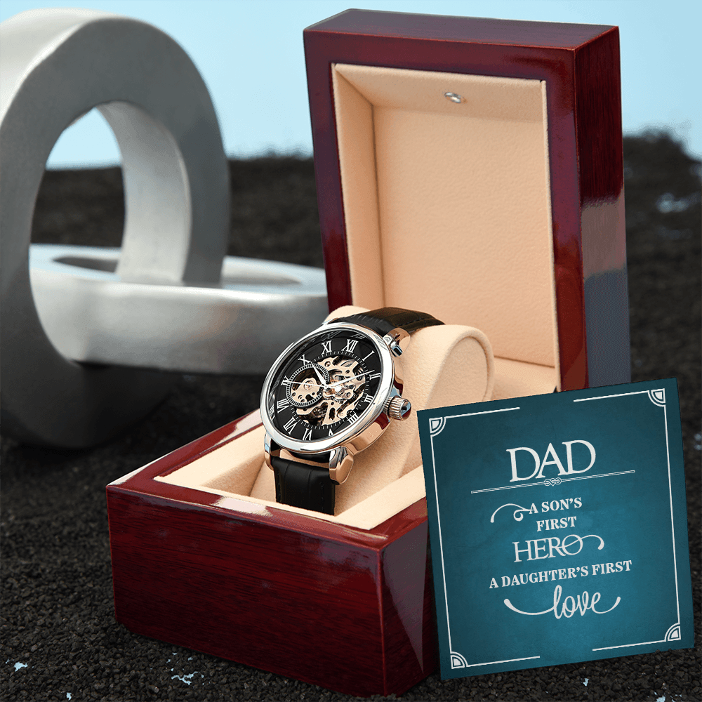 Dad a Son's First Hero Men's Openwork Watch With Message Card in Mahogany Box-Express Your Love Gifts