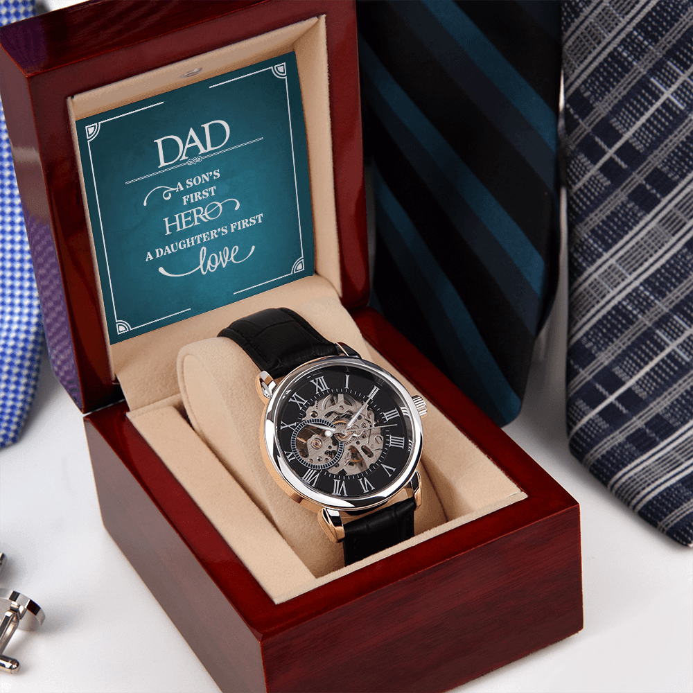 Dad a Son's First Hero Men's Openwork Watch With Message Card in Mahogany Box-Express Your Love Gifts