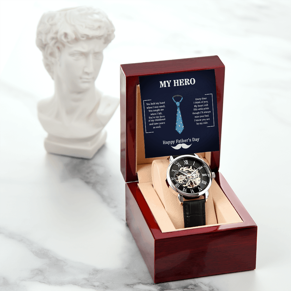 Dad My Hero Men's Openwork Watch With Mahogany Box-Express Your Love Gifts
