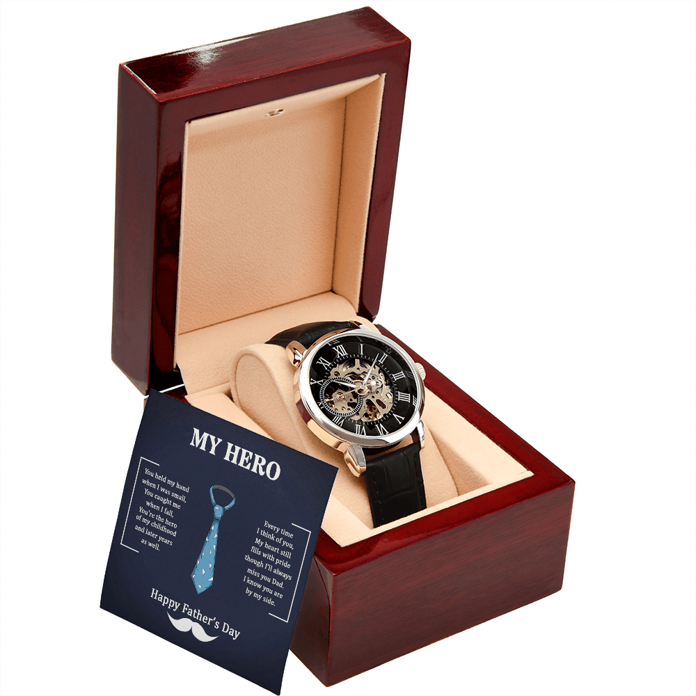 Dad My Hero Men's Openwork Watch With Mahogany Box-Express Your Love Gifts