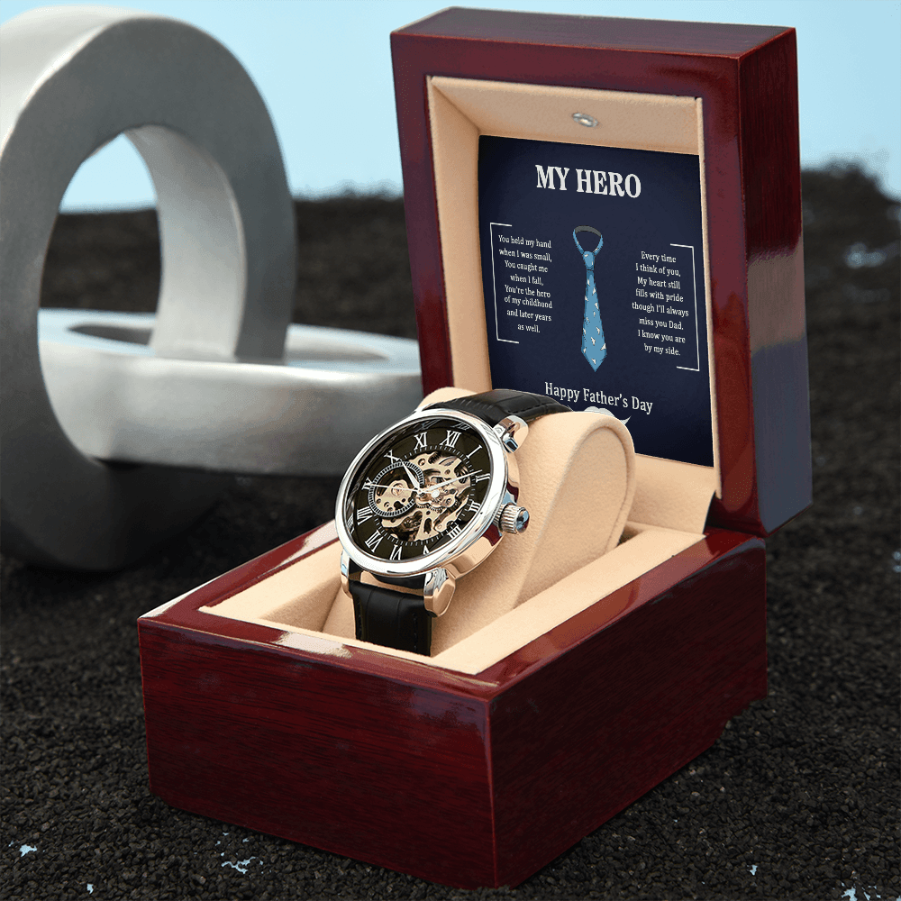 Dad My Hero Men's Openwork Watch With Mahogany Box-Express Your Love Gifts