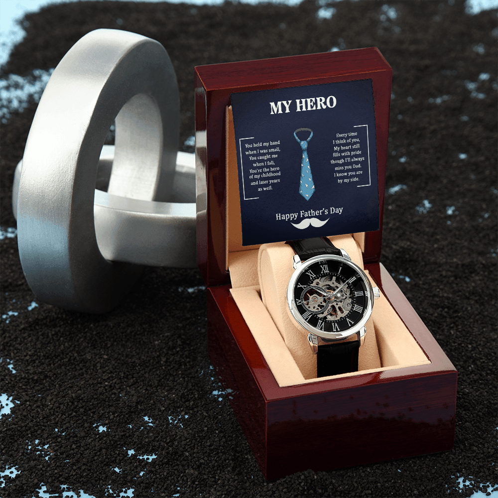 Dad My Hero Men's Openwork Watch With Mahogany Box-Express Your Love Gifts