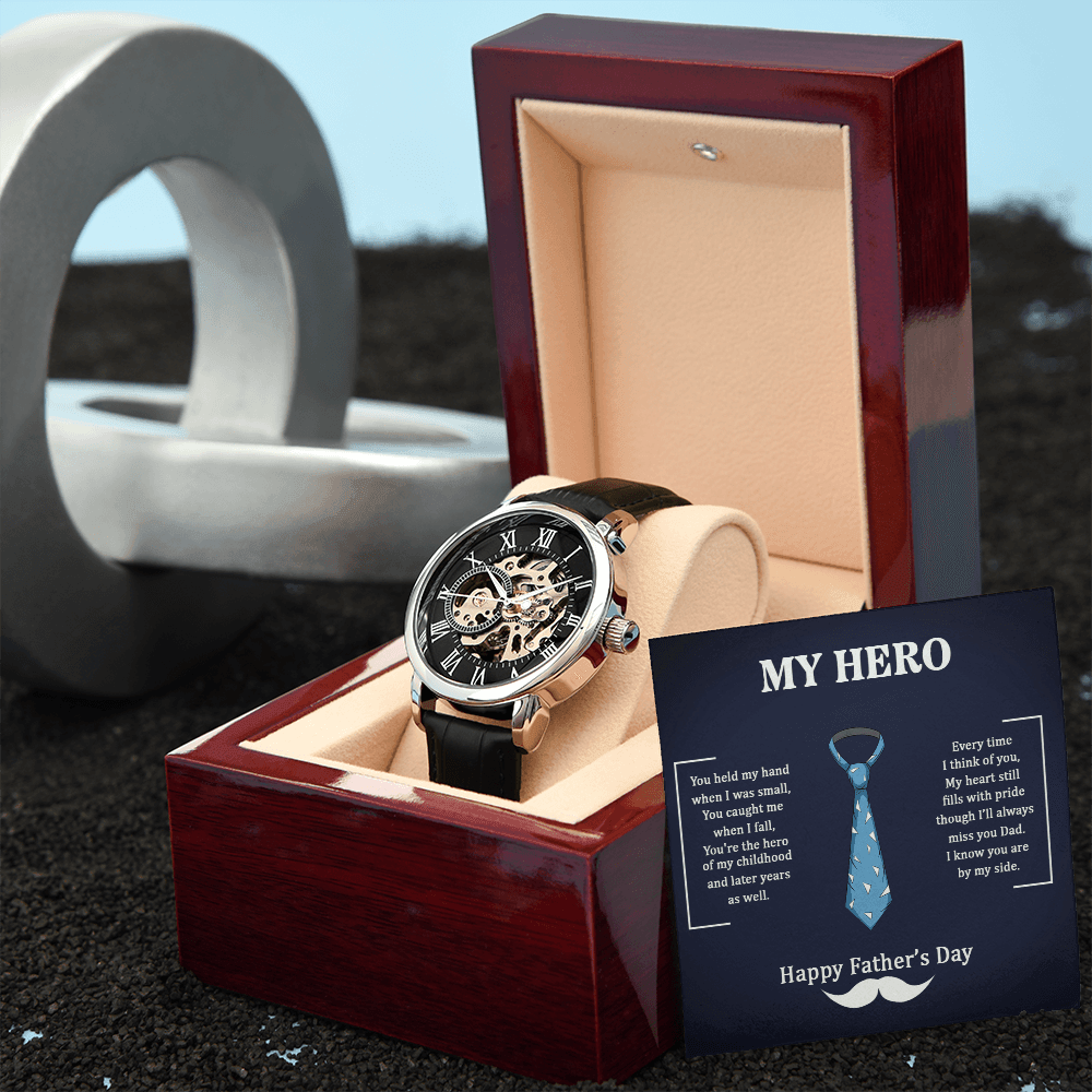 Dad My Hero Men's Openwork Watch With Mahogany Box-Express Your Love Gifts